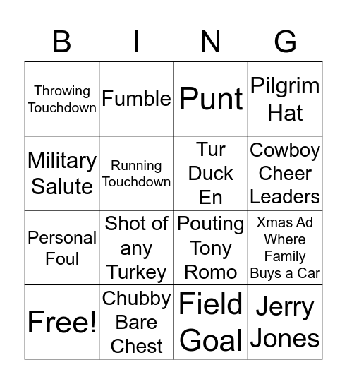 Thanksgiving Football Bingo Card
