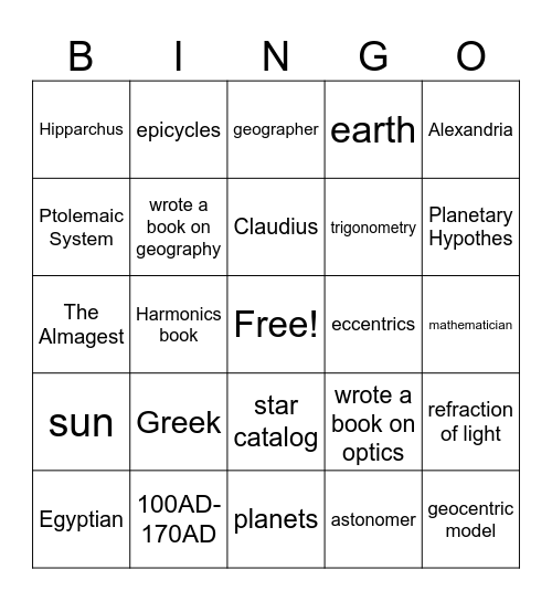 Ptolemy Bingo Card