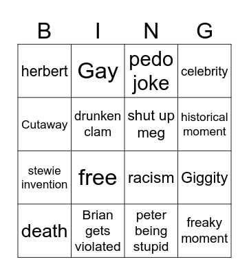Family Guy Bingo Card