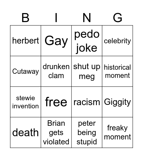 Family Guy Bingo Card
