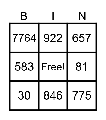 Place Value Bingo Card