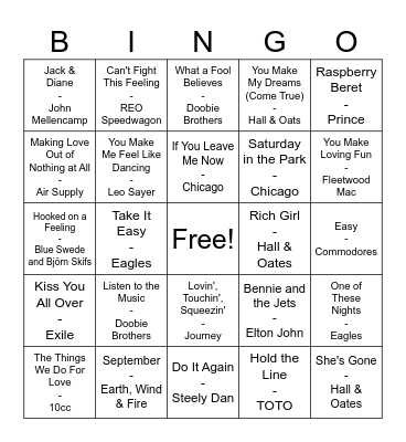 Yacht Rock Bingo Card