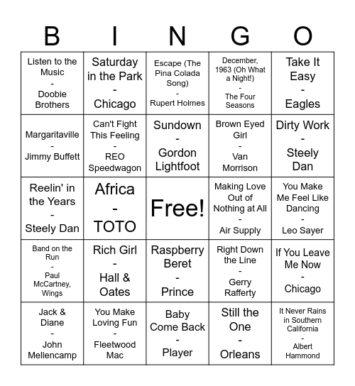 Yacht Rock Bingo Card