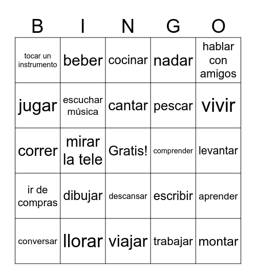 SPA 2-  Unit 1- Action Verbs Bingo Card