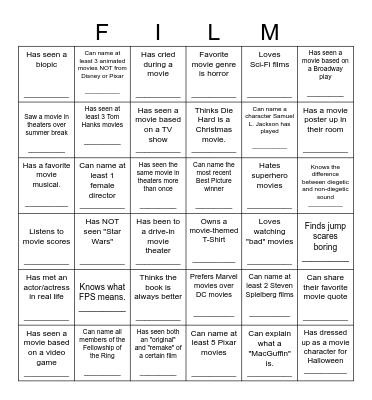 First Day of Intro to Film Bingo Card