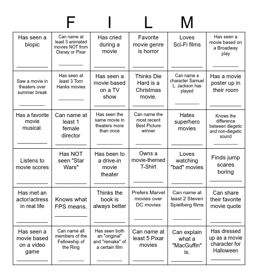 First Day of Intro to Film Bingo Card