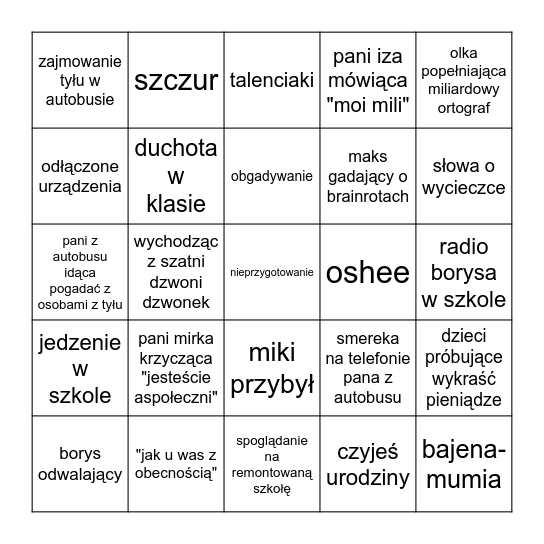 bingo szkolne wrzesień Bingo Card