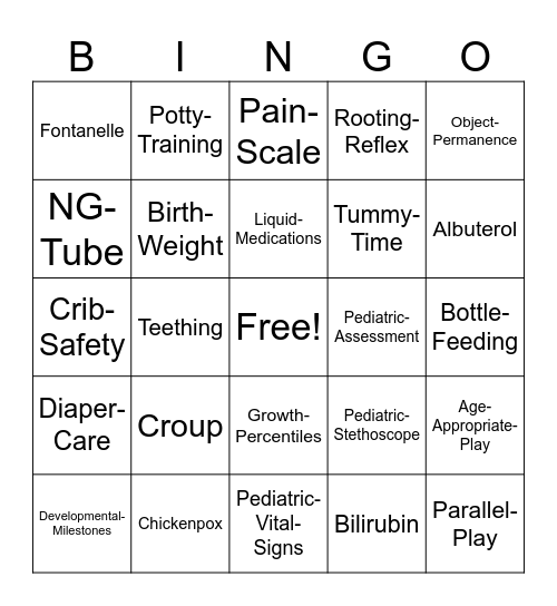 Pediatric Nursing Bingo Card