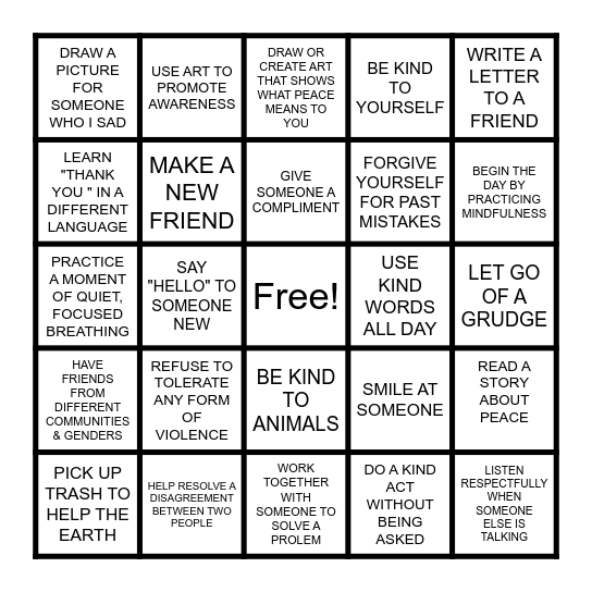 INTERNATIONAL DAY OF PEACE Bingo Card