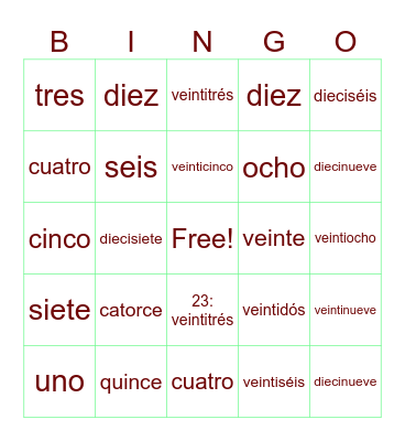 Spanish Numbers 0-30 Bingo Card