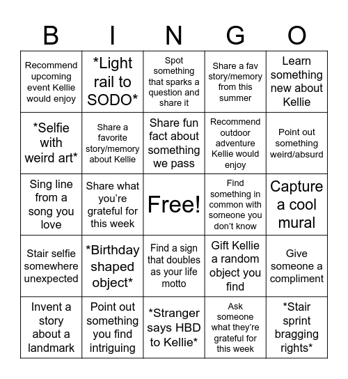 Hill-to-Hill Dash Bingo Card