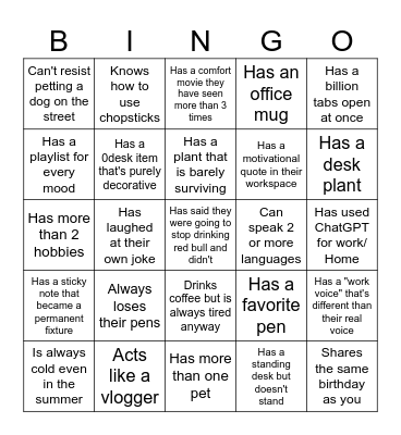 Personality Bingo Card