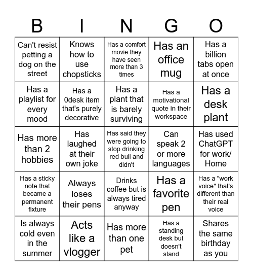 Personality Bingo Card