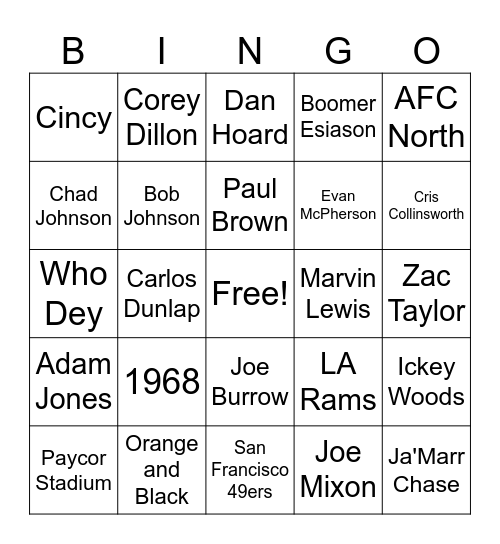 Bengals Bingo Card