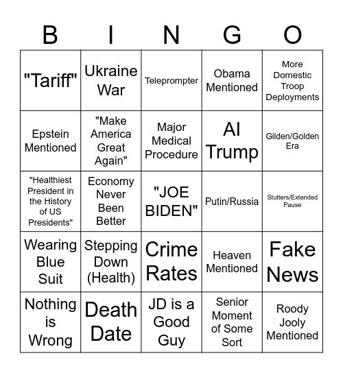 Oval Address Bingo Card