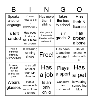 Senior Bingo Card