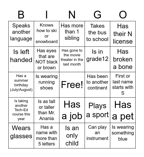 Senior Bingo Card