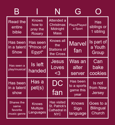 Social Bingo - Newman Catholic Edition Bingo Card