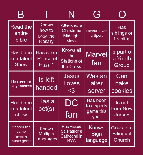Social Bingo - Newman Catholic Edition Bingo Card