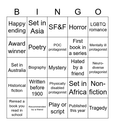 Diverse reading challenge Bingo Card