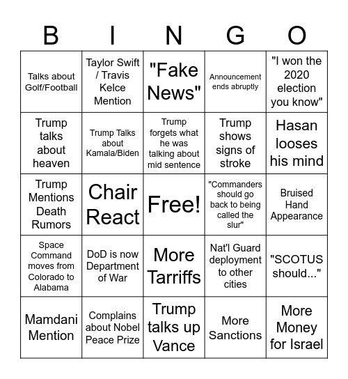 Trump Announcement Bingo Card