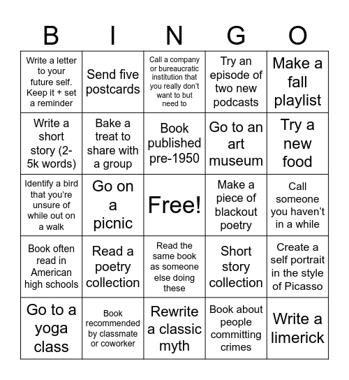 Sage’s Fall Bingo Card