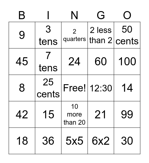 First Week Math Bingo Card