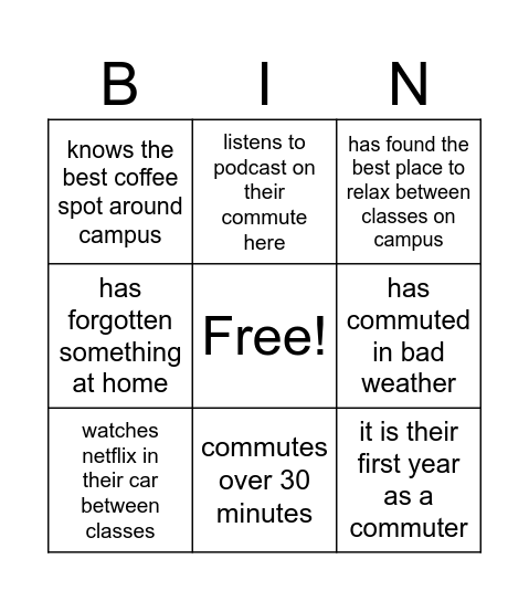 Commuter Bingo Card