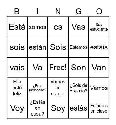Verbs Bingo Card