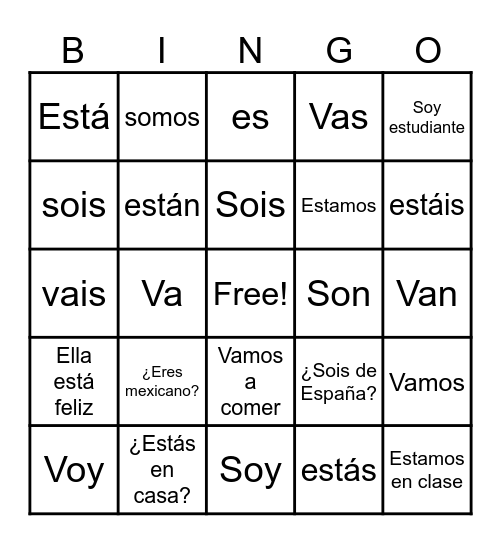 Verbs Bingo Card