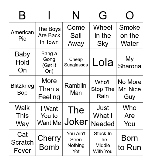 70 Rock Anthems Bingo Card