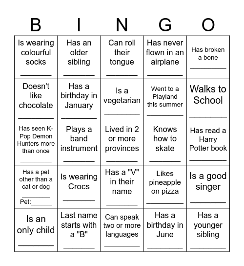 Middle School BINGO: Find someone who... Bingo Card