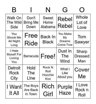 Classic Rock Bingo Card
