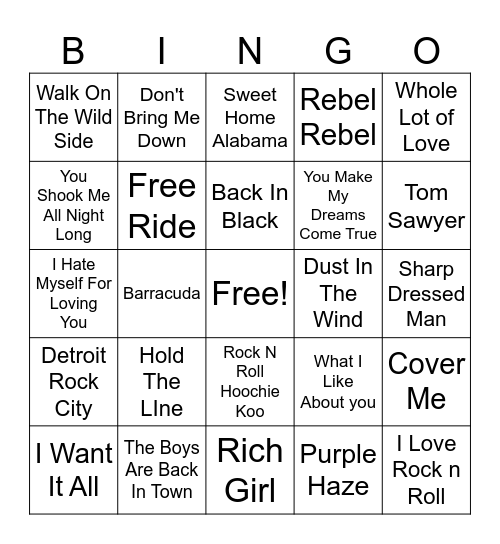Classic Rock Bingo Card