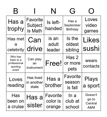 Youth Group Family Bingo Card