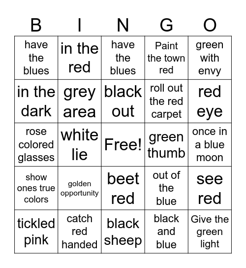 Color Idioms Bingo Card