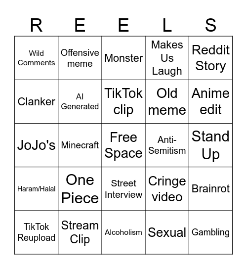 Instagram Reels bingo Card