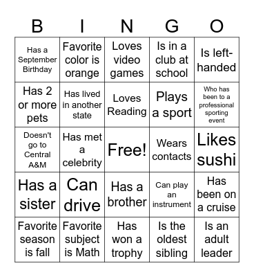 Youth Group Family Bingo Card