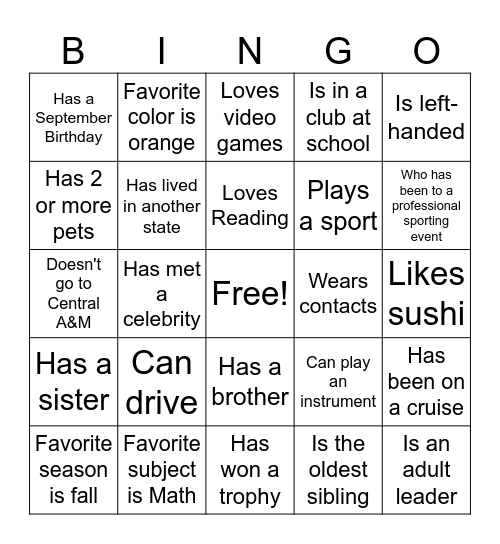 Youth Group Family Bingo Card