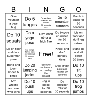 Exercise Bingo Card