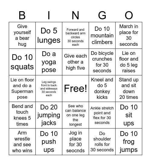 Exercise Bingo Card