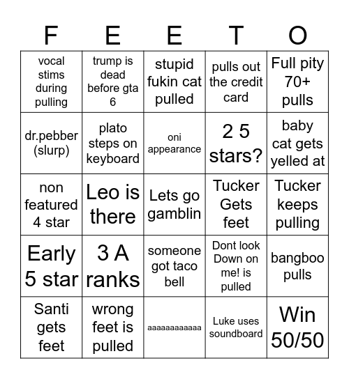 FEEEEET Bingo Card