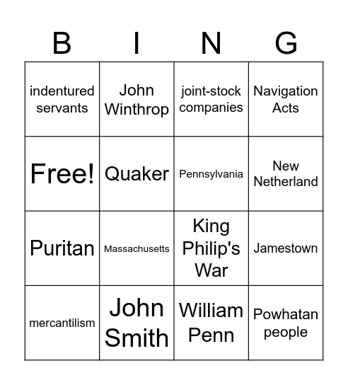 Early British Colonies Bingo Card