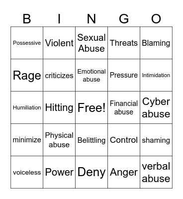 Domestic Violence Bingo Card