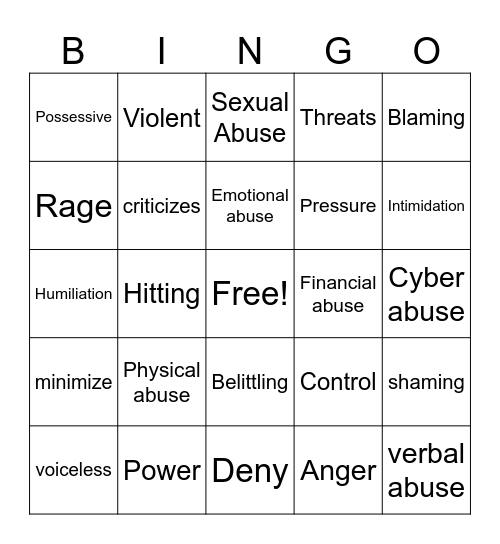 Domestic Violence Bingo Card