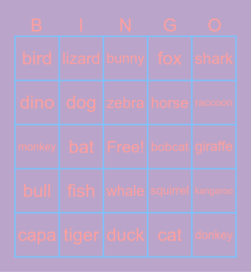 animals Bingo Card