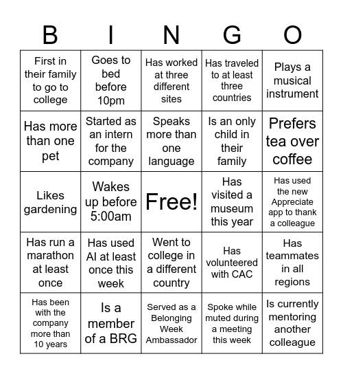 Belonging Week Bingo Card
