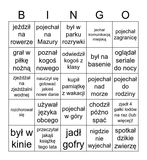 Znajdź kogoś kto w czasie wakacji... Bingo Card
