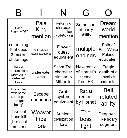 Silksong Bingo Card