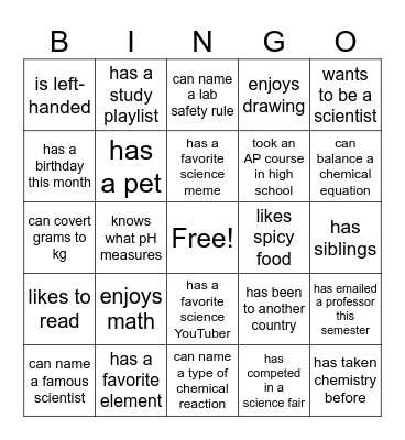 CHEM 103 Bingo Card